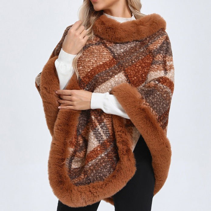 Big Fur Collar Classic Plaid Poncho - Bazaare Mart