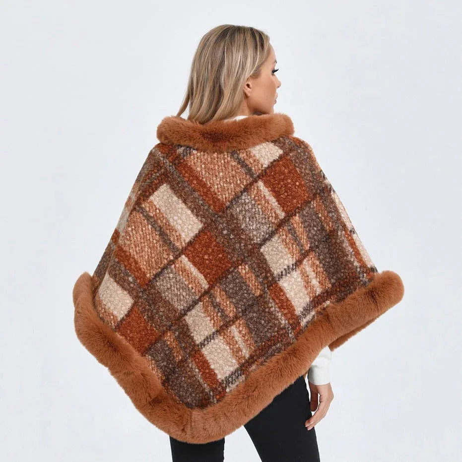 Big Fur Collar Classic Plaid Poncho Bazaare Mart Fur Lined Plaid Poncho