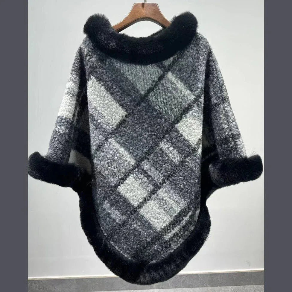 Big Fur Collar Classic Plaid Poncho Black Bazaare Mart Fur Lined Plaid Poncho