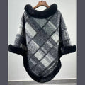 Big Fur Collar Classic Plaid Poncho Black Bazaare Mart Fur Lined Plaid Poncho
