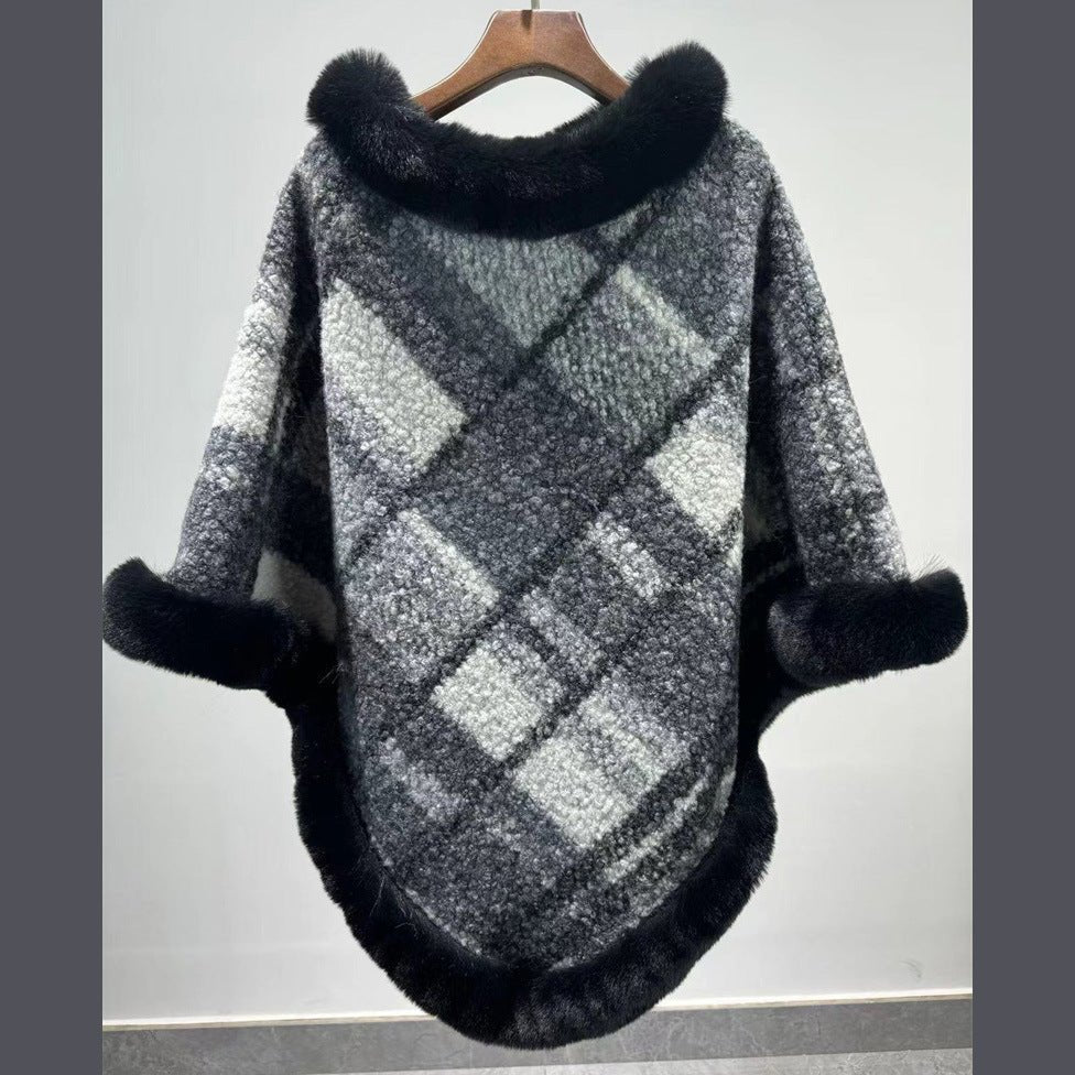 Big Fur Collar Classic Plaid Poncho - Bazaare Mart