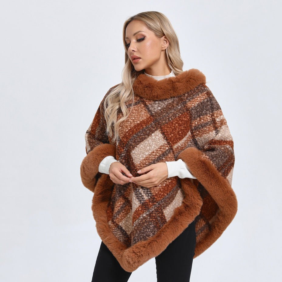 Big Fur Collar Classic Plaid Poncho - Bazaare Mart