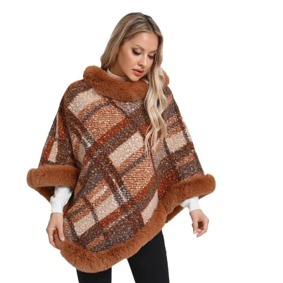 Big Fur Collar Classic Plaid Poncho Bazaare Mart Fur Lined Plaid Poncho