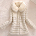 Big Fur Collar Horizontal Stripe Rabbit Fur Coat Beige Bazaare Mart Faux Fur Coat