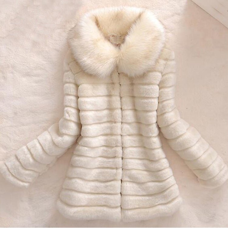 Big Fur Collar Horizontal Stripe Rabbit Fur Coat - Bazaare Mart