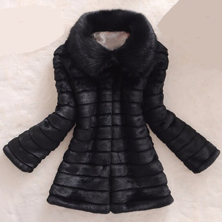Big Fur Collar Horizontal Stripe Rabbit Fur Coat - Bazaare Mart