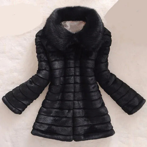 Big Fur Collar Horizontal Stripe Rabbit Fur Coat Bazaare Mart Faux Fur Coat