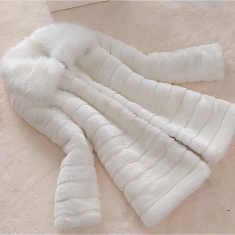 Big Fur Collar Horizontal Stripe Rabbit Fur Coat - Bazaare Mart