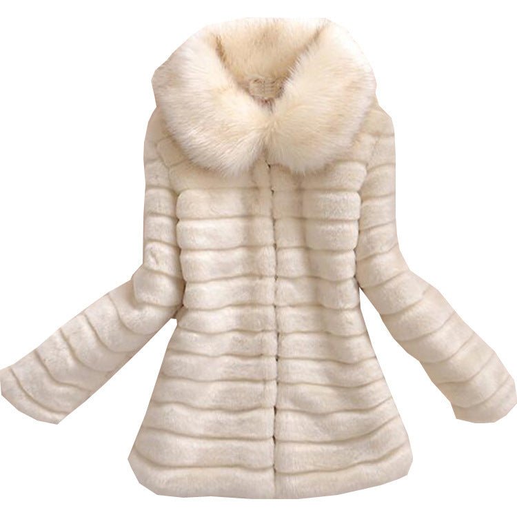 Big Fur Collar Horizontal Stripe Rabbit Fur Coat - Bazaare Mart