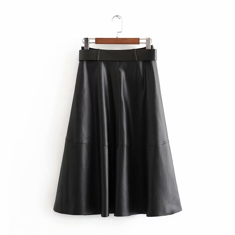 Black Full Midi Faux Leather Belted Skirt - Bazaare Mart