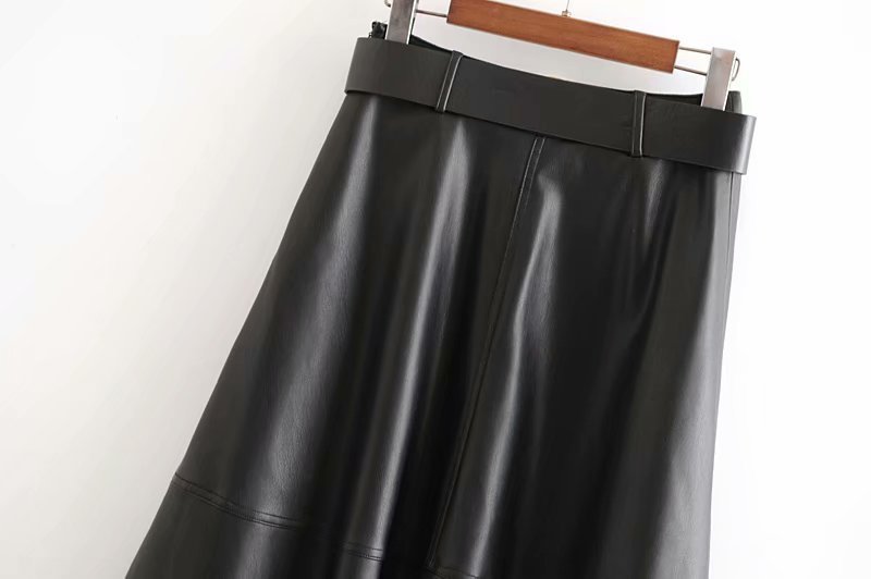 Black Full Midi Faux Leather Belted Skirt - Bazaare Mart