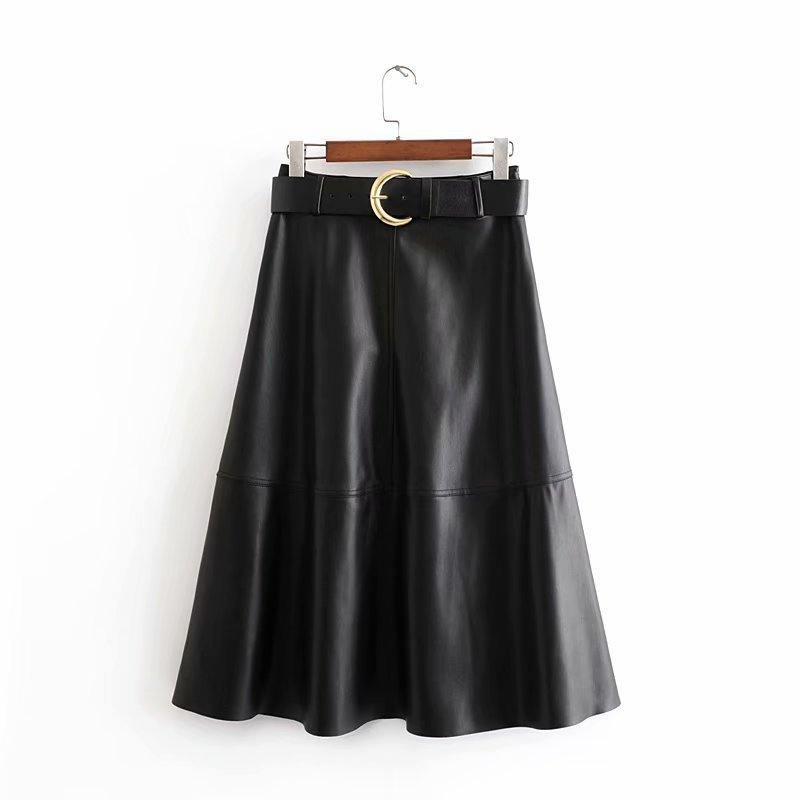 Black Full Midi Faux Leather Belted Skirt - Bazaare Mart