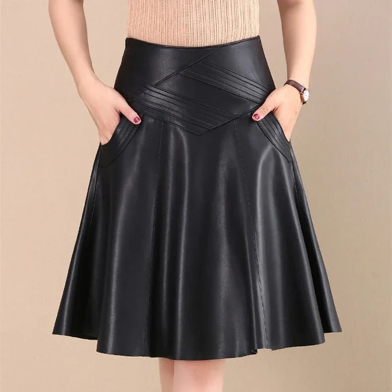 Black Knee-length High-waist pleated Leather Skirt Black Bazaare Mart Pleated Leather Skater Skirt