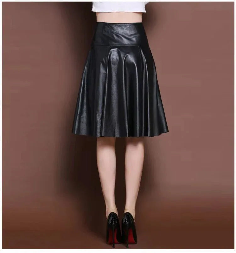 Black Knee-length High-waist pleated Leather Skirt Bazaare Mart Pleated Leather Skater Skirt
