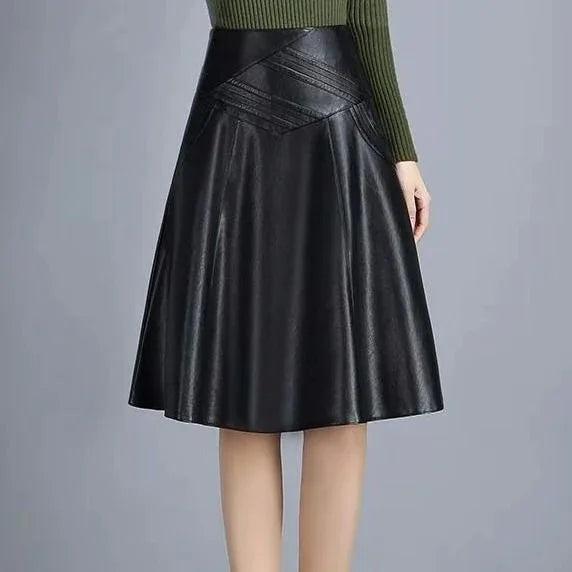 Black Knee-length High-waist pleated Leather Skirt Bazaare Mart Pleated Leather Skater Skirt