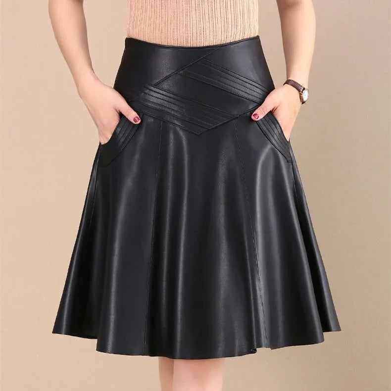 Black Knee-length High-waist pleated Leather Skirt Bazaare Mart Pleated Leather Skater Skirt