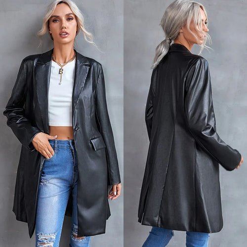 Black PU Leather One Button Coat Bazaare Mart Black PU Leather Dress Coat