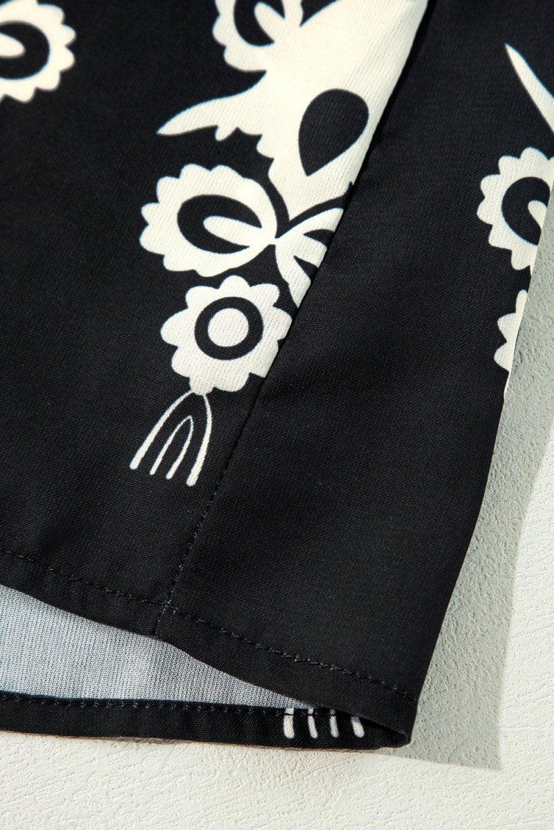 Black Vintage Geo 3/4 Sleeve V Neck Blouse Bazaare Mart Tops/Blouses & Shirts