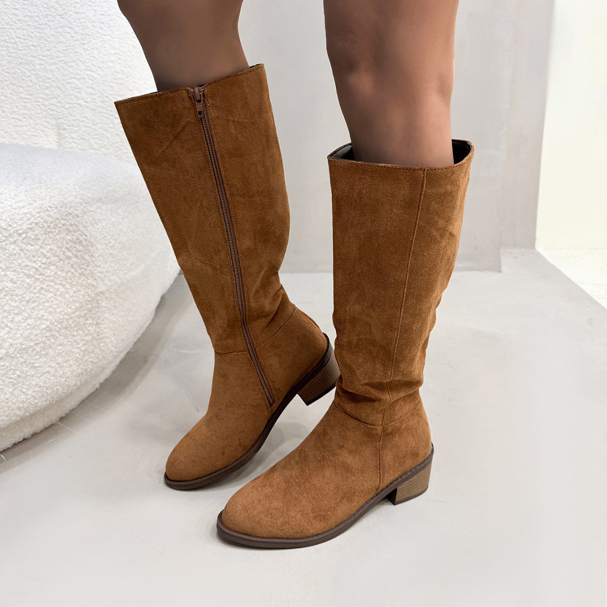 Block Heel PU Suede Knee Boots - Bazaare Mart