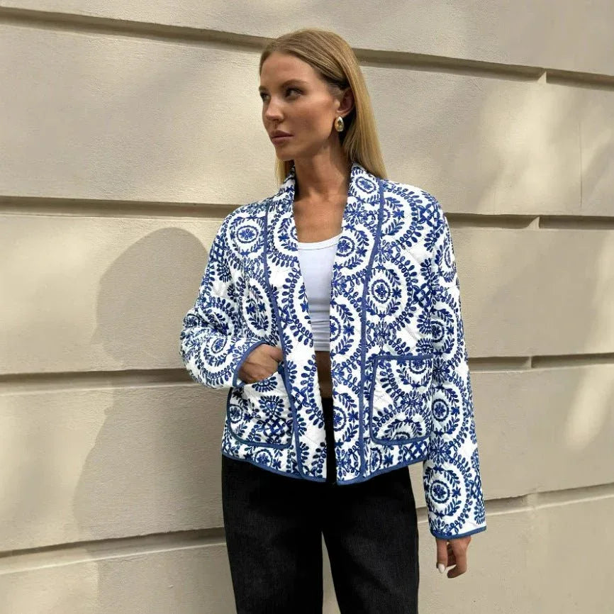 Blue and White Mandala Quilted Jacket Bazaare Mart Blue Geo Cropped Jacket