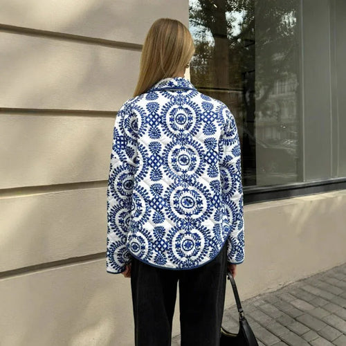 Blue and White Mandala Quilted Jacket Bazaare Mart Blue Geo Cropped Jacket