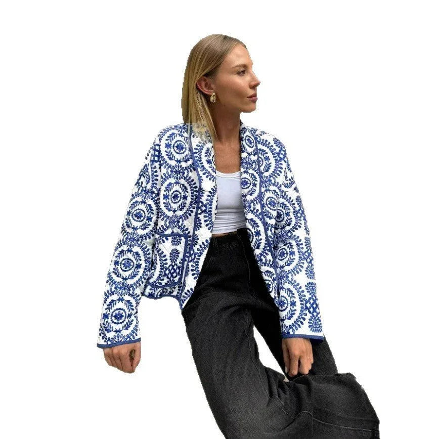 Blue and White Mandala Quilted Jacket Bazaare Mart Blue Geo Cropped Jacket