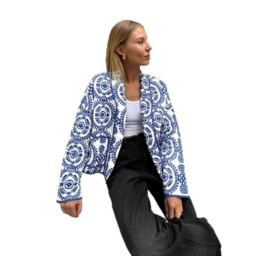 Blue and White Mandala Quilted Jacket - Bazaare Mart