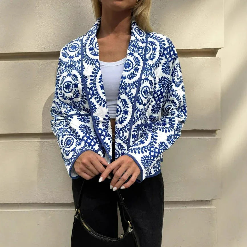 Blue and White Mandala Quilted Jacket Bazaare Mart Blue Geo Cropped Jacket