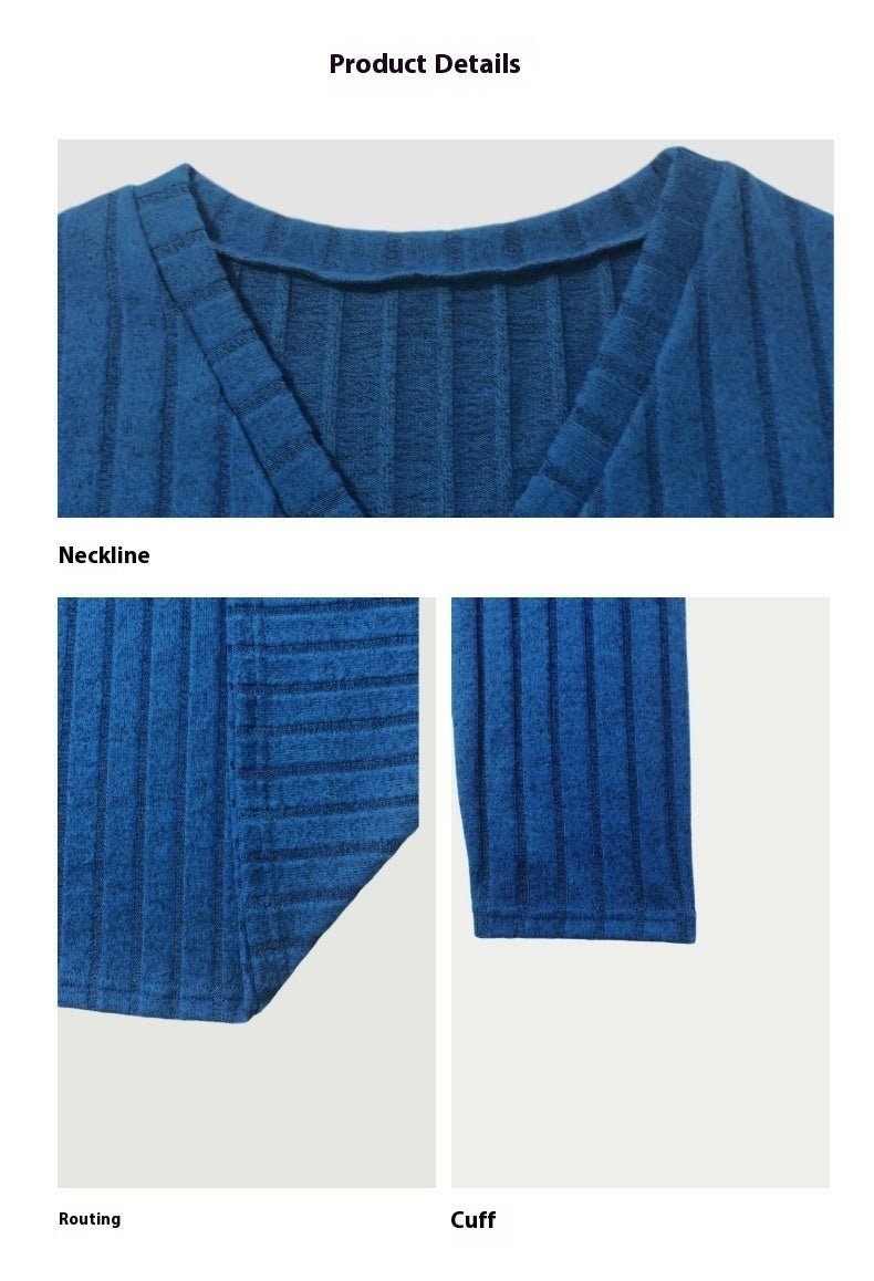 Blue V - neck Long Sleeve Sunken Stripe Top - Bazaare Mart