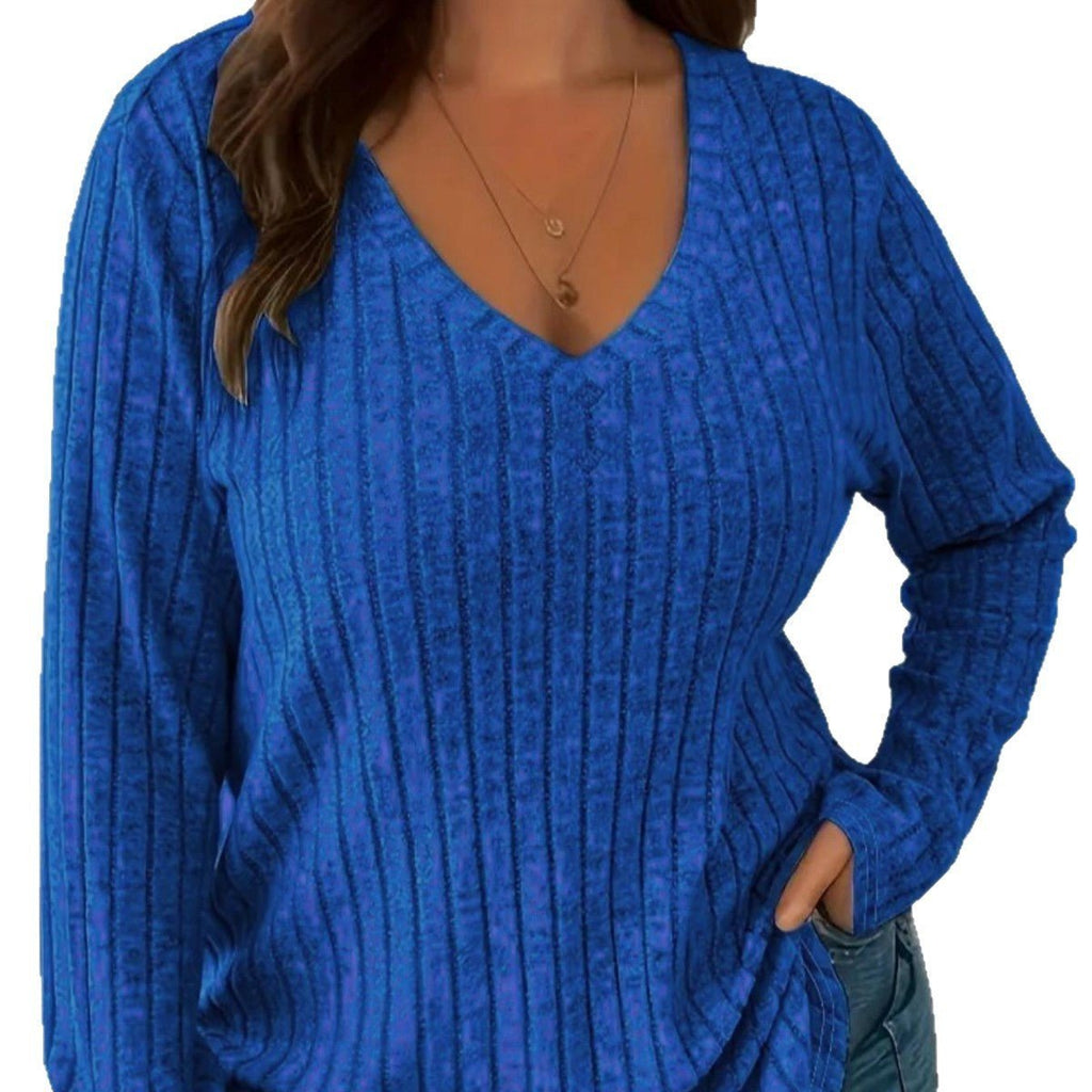 Blue V - neck Long Sleeve Sunken Stripe Top - Bazaare Mart
