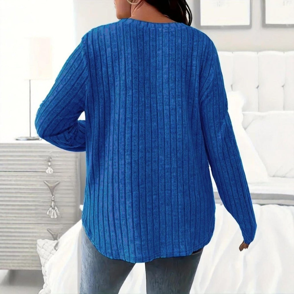 Blue V - neck Long Sleeve Sunken Stripe Top - Bazaare Mart