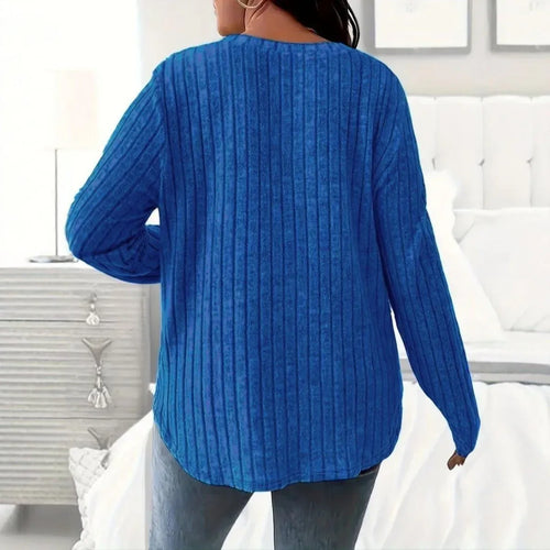 Blue V-neck Long Sleeve Sunken Stripe Top Bazaare Mart Long Sleeve V-Neck Top