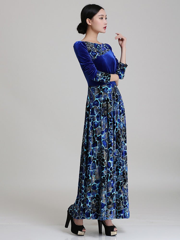 Blue Velvet Printed Maxi Dress - Bazaare Mart