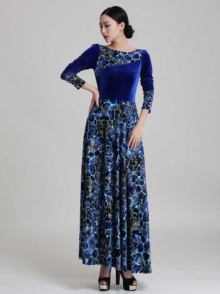 Blue Velvet Printed Maxi Dress - Bazaare Mart