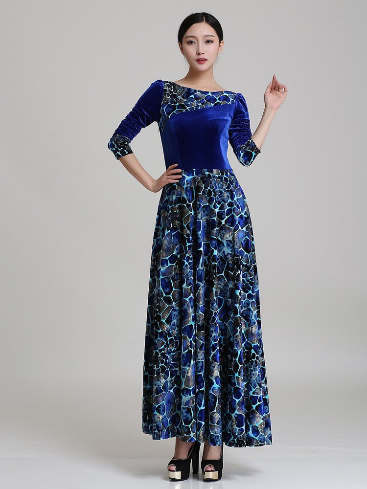 Blue Velvet Printed Maxi Dress - Bazaare Mart