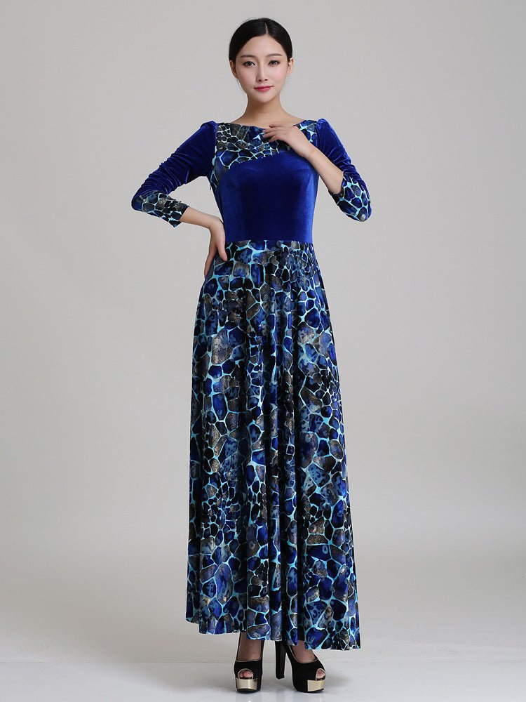 Blue Velvet Printed Maxi Dress - Bazaare Mart
