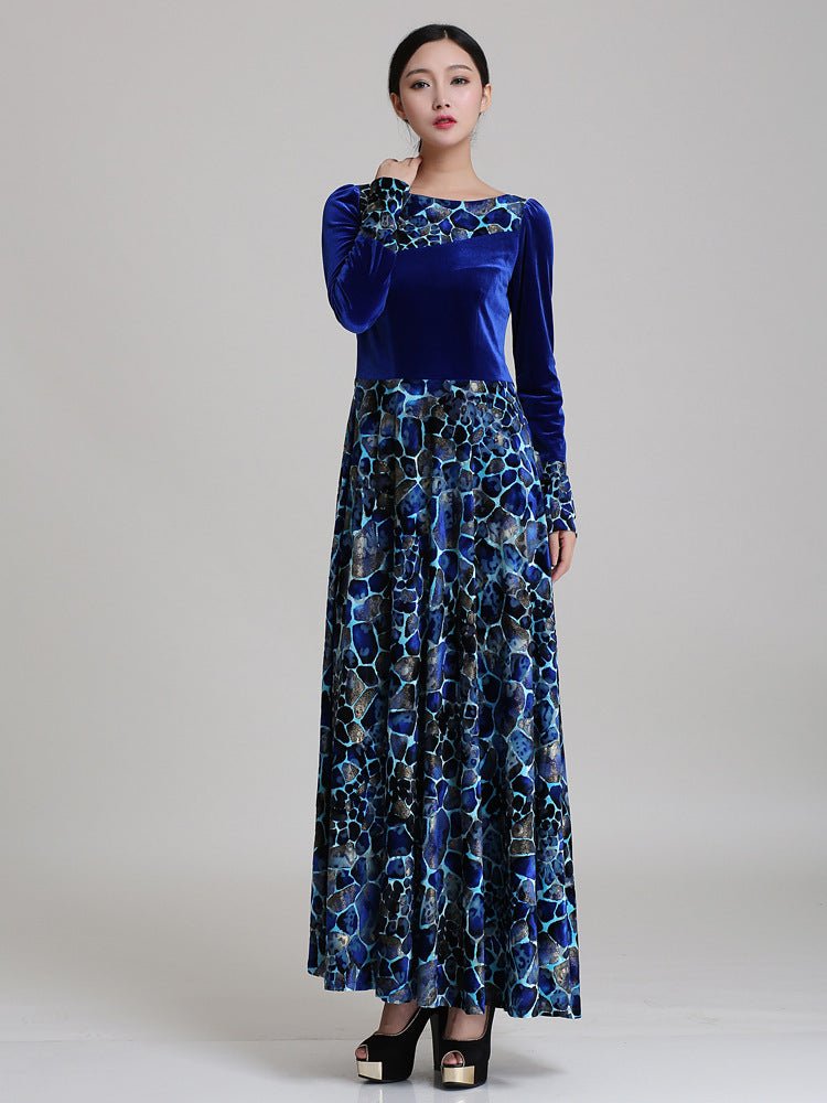 Blue Velvet Printed Maxi Dress - Bazaare Mart