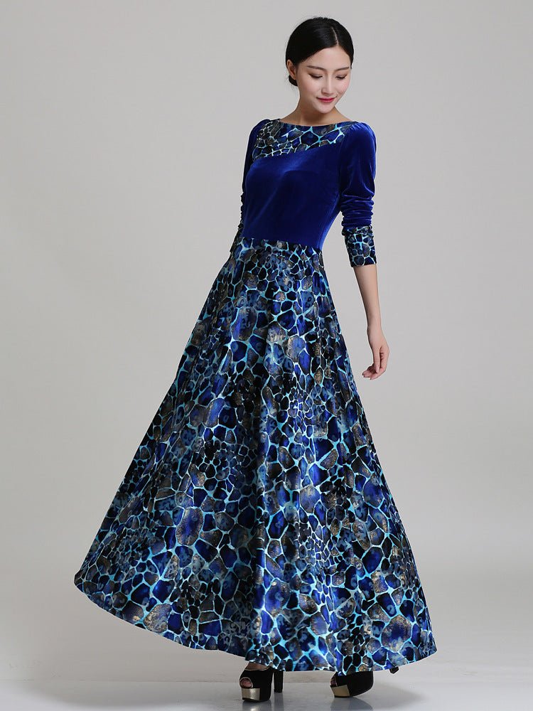 Blue Velvet Printed Maxi Dress - Bazaare Mart