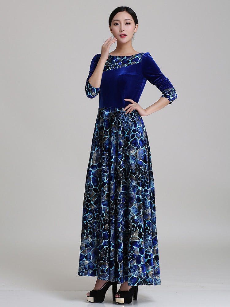 Blue Velvet Printed Maxi Dress - Bazaare Mart