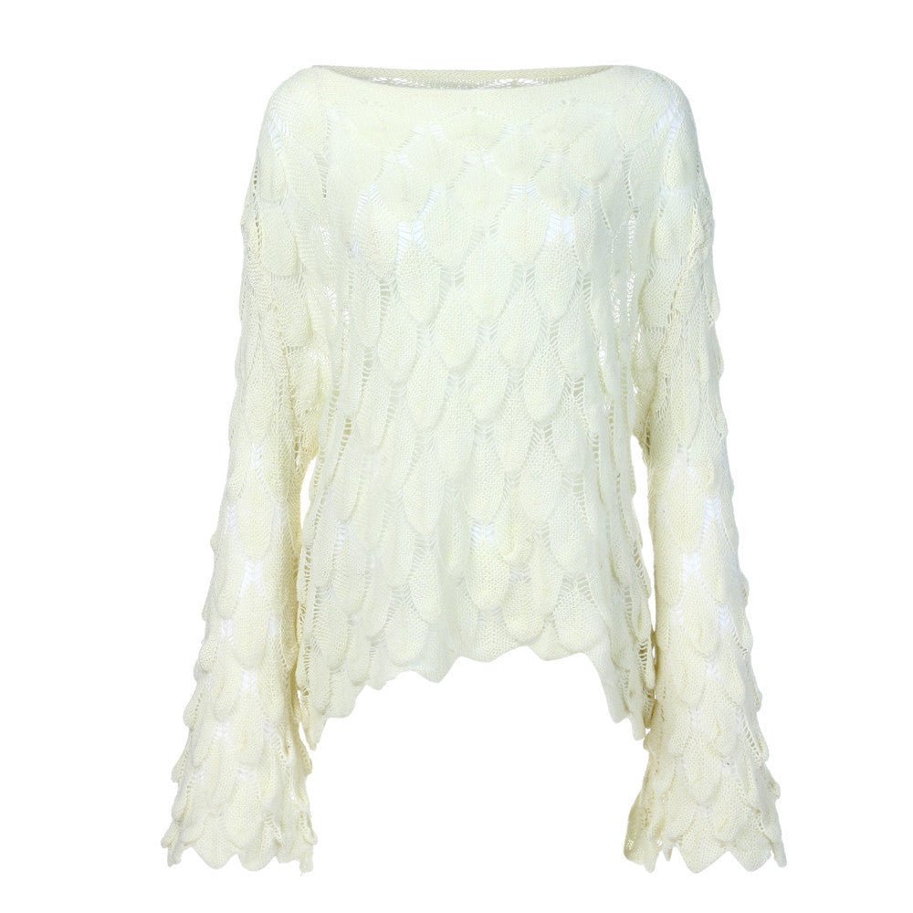 Boat Neck Thin Bell Sleeve Pullover Sweater - Bazaare Mart