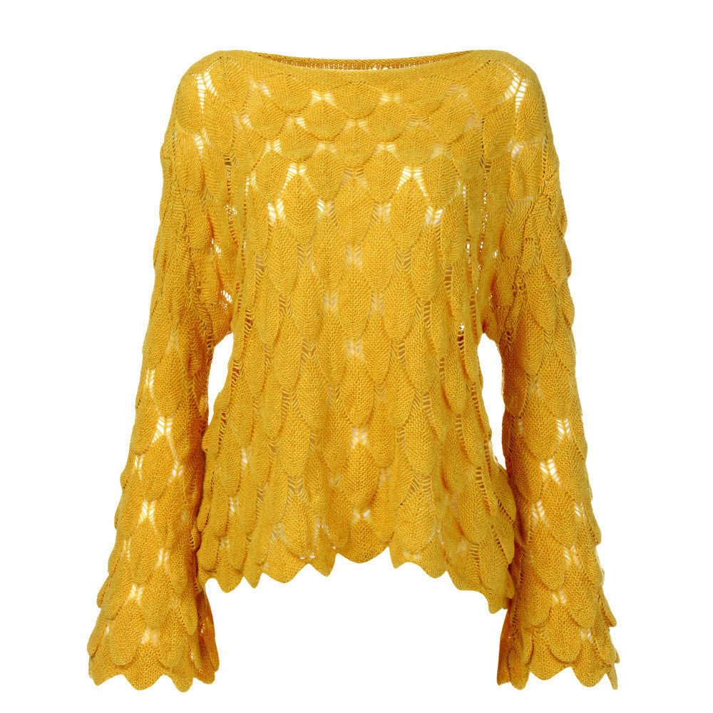 Boat Neck Thin Bell Sleeve Pullover Sweater - Bazaare Mart