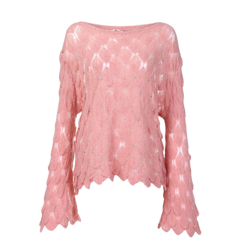 Boat Neck Thin Bell Sleeve Pullover Sweater - Bazaare Mart