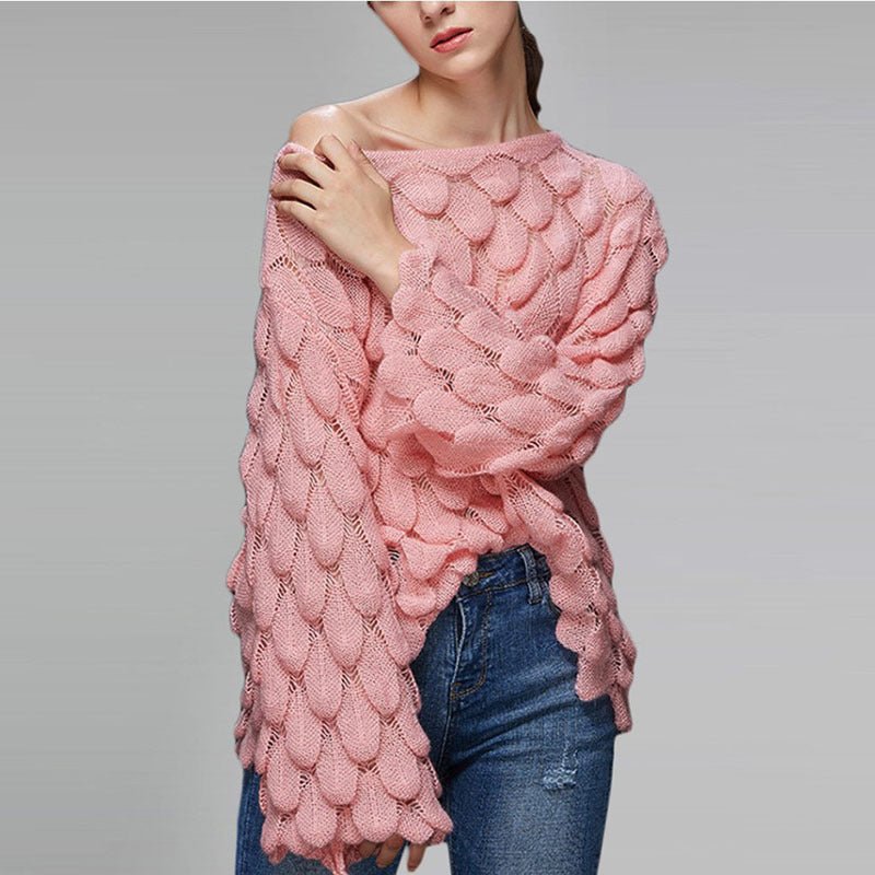 Boat Neck Thin Bell Sleeve Pullover Sweater - Bazaare Mart