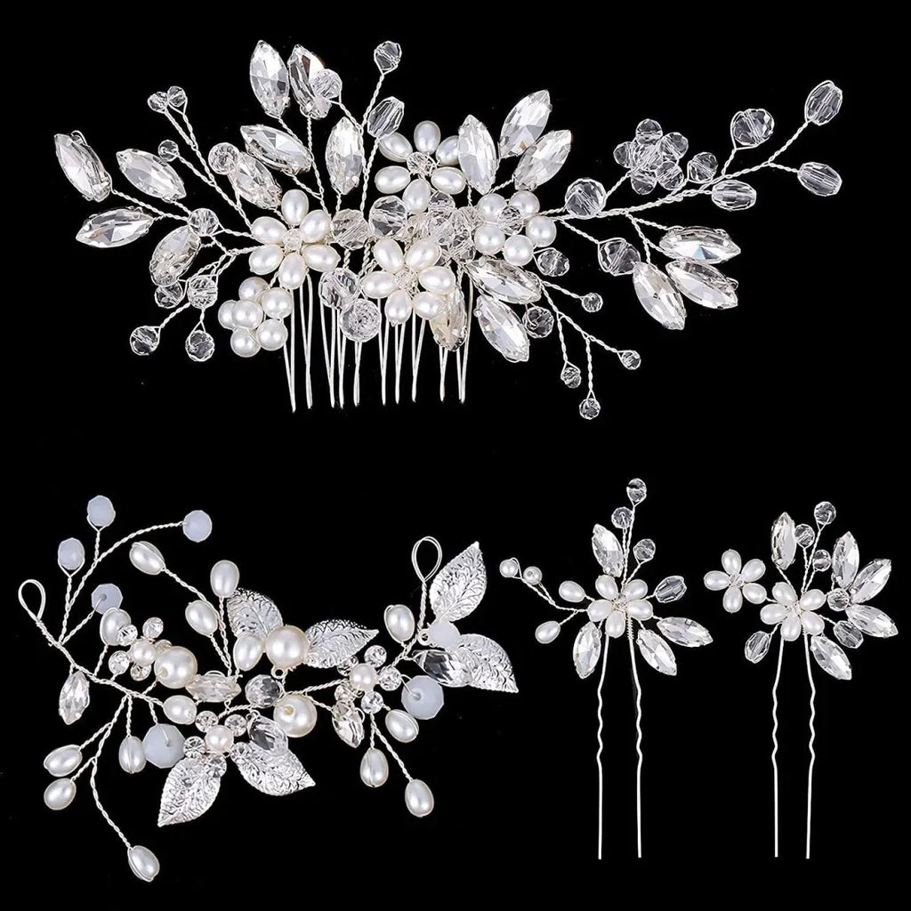 Bridal Pearl Crystal Hair Combs Sets Silver 4pcs set Bazaare Mart Pearl Hair Accessory