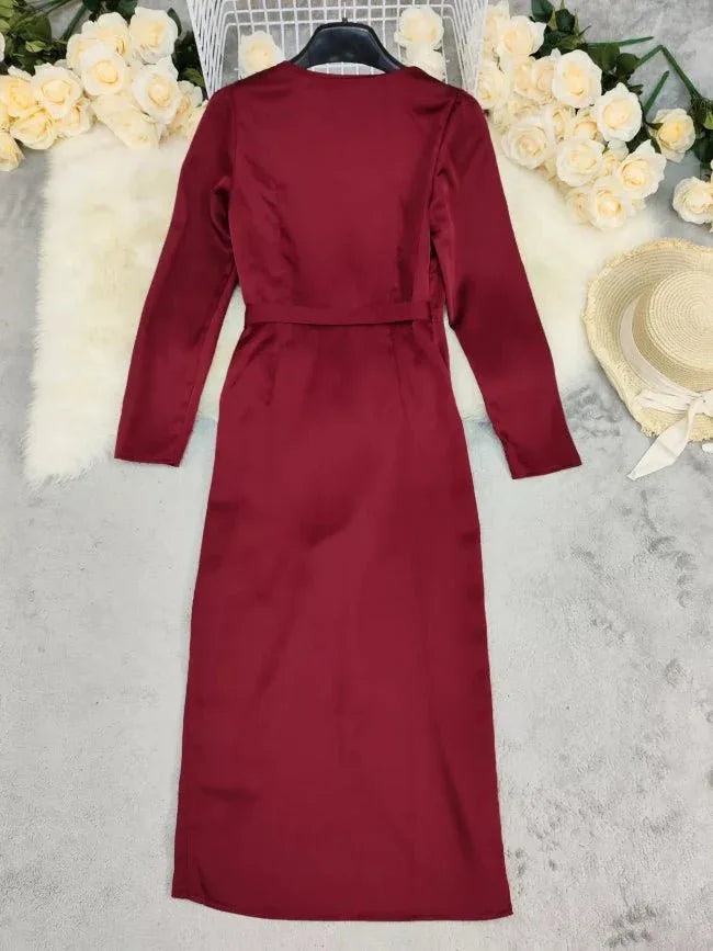 Burgundy Surplice Satin Long Sleeve Maxi Dress Bazarre Mart Surplice Satin Long Sleeve Dress