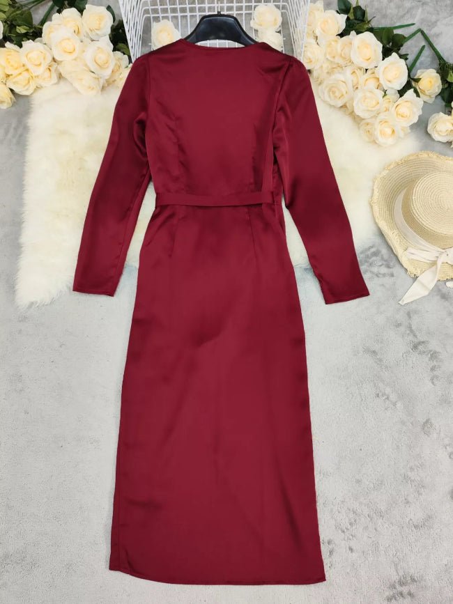 Burgundy Surplice Satin Long Sleeve Maxi Dress - Bazaare Mart