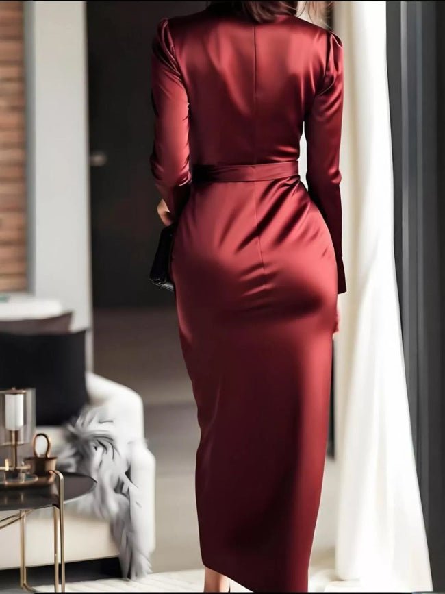 Burgundy Surplice Satin Long Sleeve Maxi Dress - Bazaare Mart