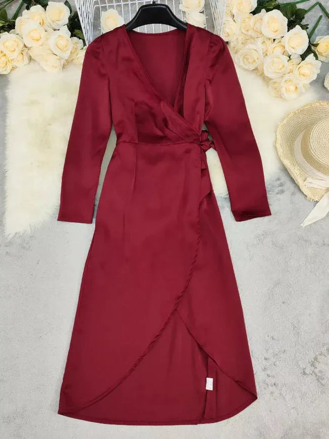 Burgundy Surplice Satin Long Sleeve Maxi Dress Bazarre Mart Surplice Satin Long Sleeve Dress