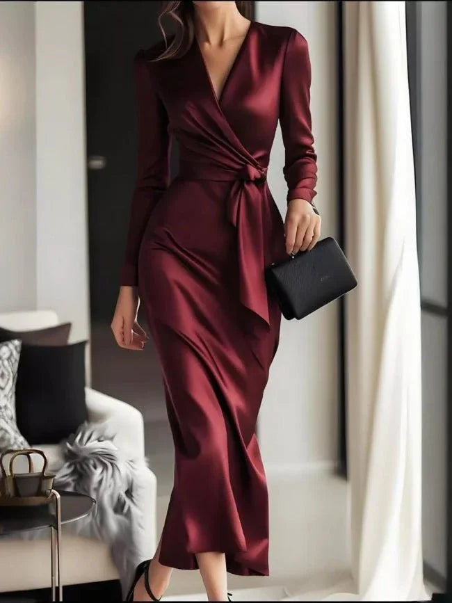 Burgundy Surplice Satin Long Sleeve Maxi Dress Bazarre Mart Surplice Satin Long Sleeve Dress