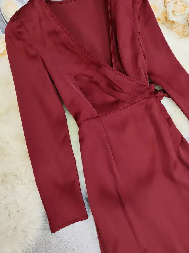 Burgundy Surplice Satin Long Sleeve Maxi Dress Bazarre Mart Surplice Satin Long Sleeve Dress